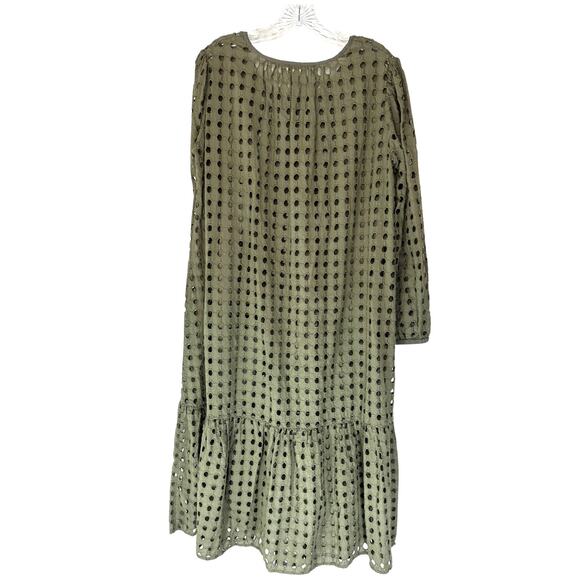 V.DE. Vinster Olive Green Boho Cottage Shiffli Eyelet Midi Dress Size Medium - Picture 7 of 10